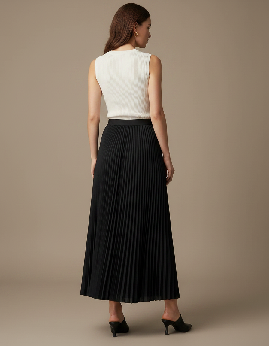Pantalon Jupe Noir Plissé Long Évasé Élégant - Polyester - vue 2