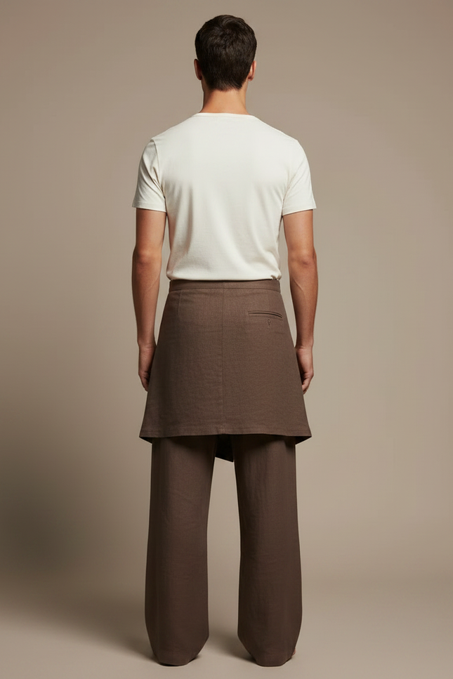 Pantalon Jupe Marron Lin Drapé Ample Homme - vue 2