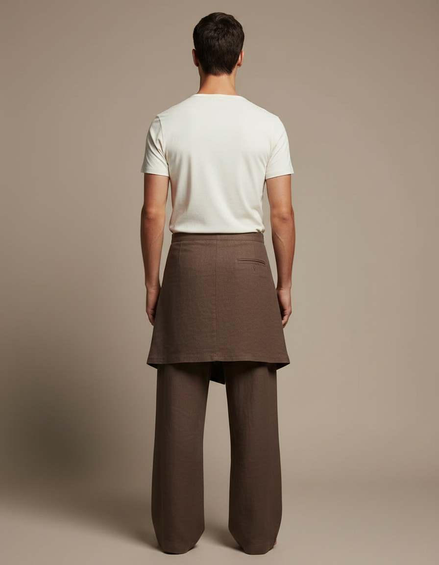 Pantalon Jupe Marron Lin Drapé Ample Homme - vue 2