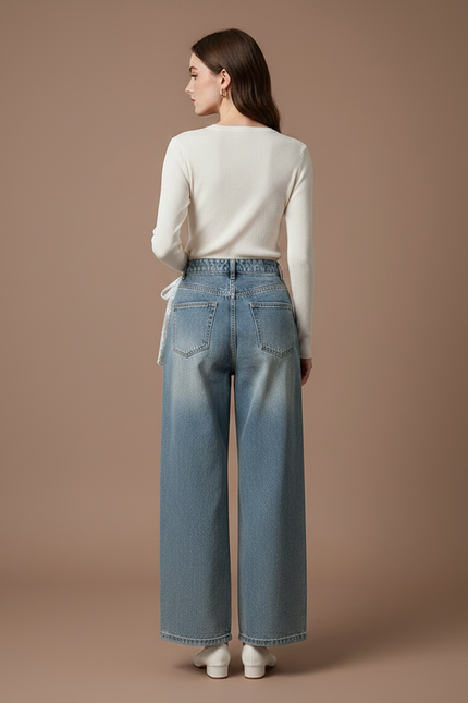 Pantalon Jupe Jean Bleu Dentelle Blanc Ample - vue 2
