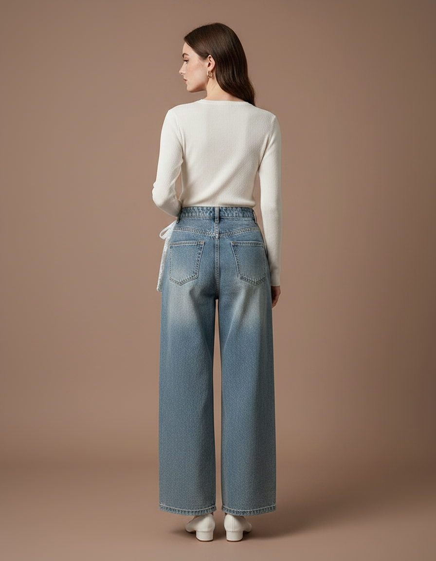 Pantalon Jupe Jean Bleu Dentelle Blanc Ample - vue 2