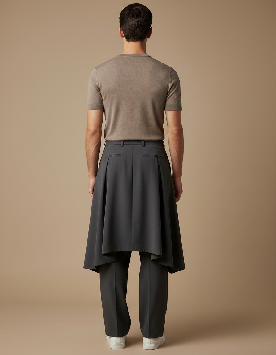 Pantalon Jupe Gris Plissé Ample Superposé Homme - Polyester - vue 2