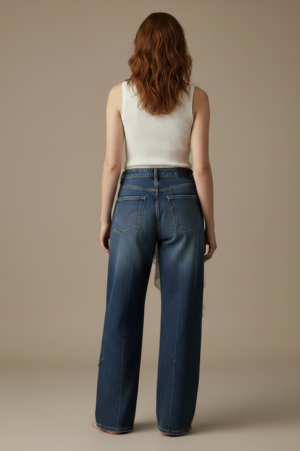 Pantalon Jupe Jean Dentelle Asymétrique Superposée Vintage - Marine - vue 2