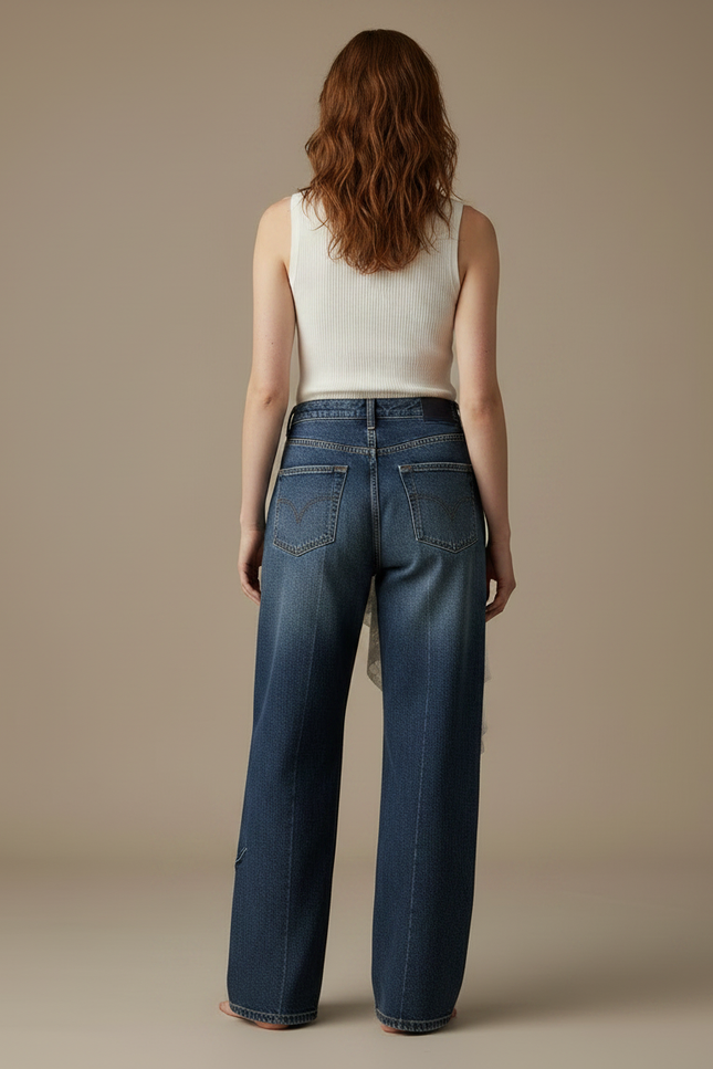 Pantalon Jupe Jean Dentelle Asymétrique Superposée Vintage - Marine - vue 2