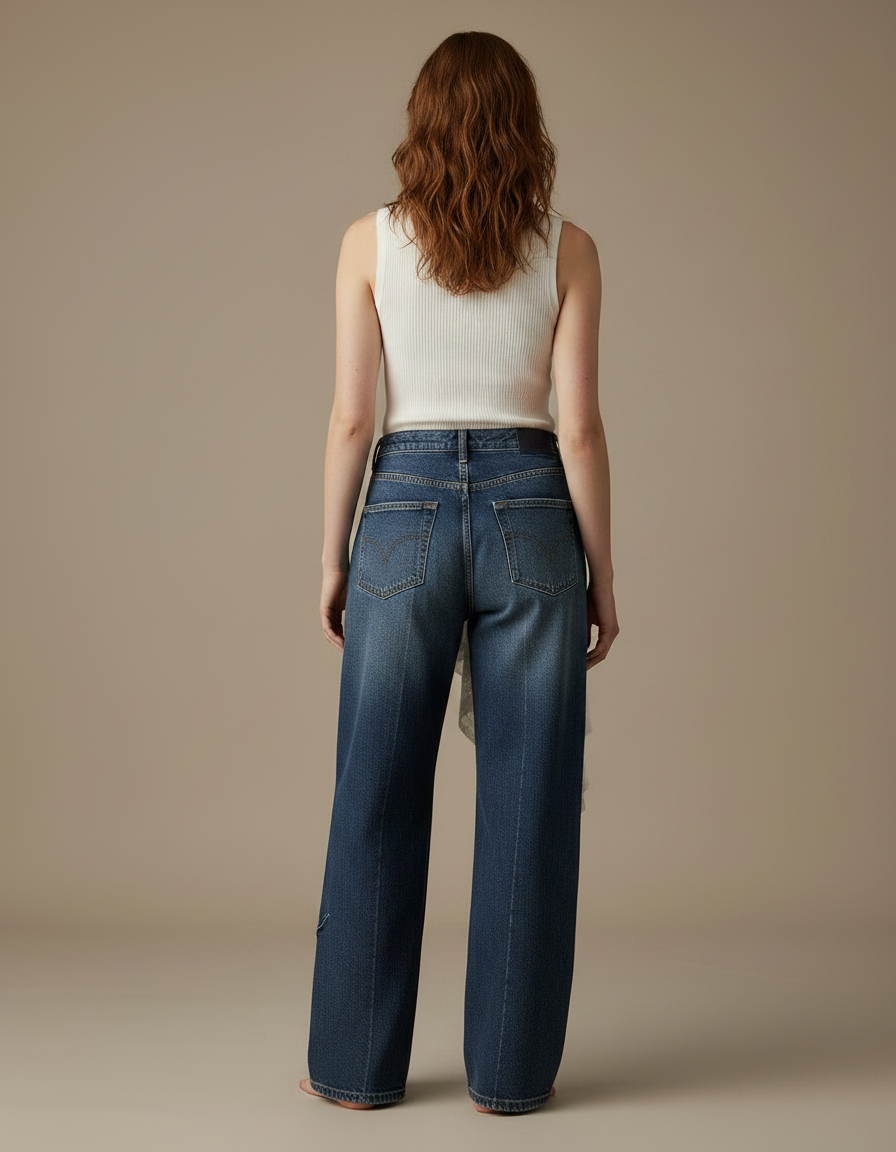 Pantalon Jupe Jean Dentelle Asymétrique Superposée Vintage - Marine - vue 2