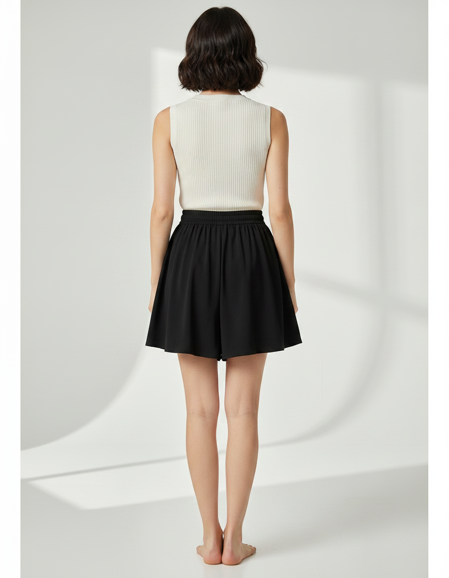 Pantalon Jupe Noir Fluide Ample Décontracté Court - Viscose - vue 2