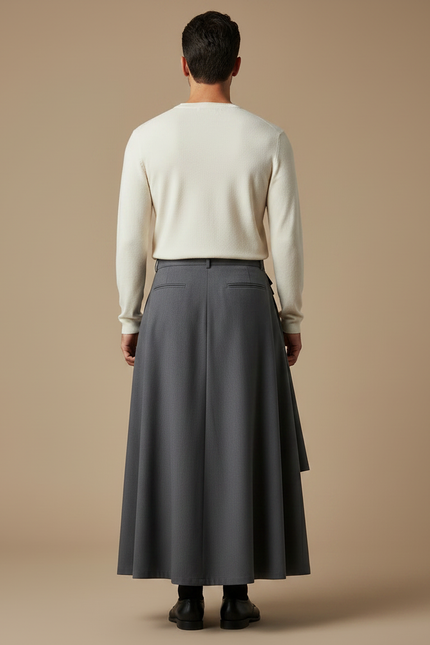 Pantalon Jupe Gris Plissé Asymétrique Long Élégant - Gabardine - vue 2