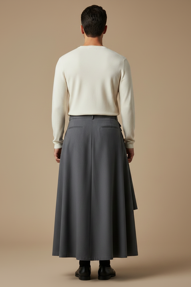 Pantalon Jupe Gris Plissé Asymétrique Long Élégant - Gabardine - vue 2