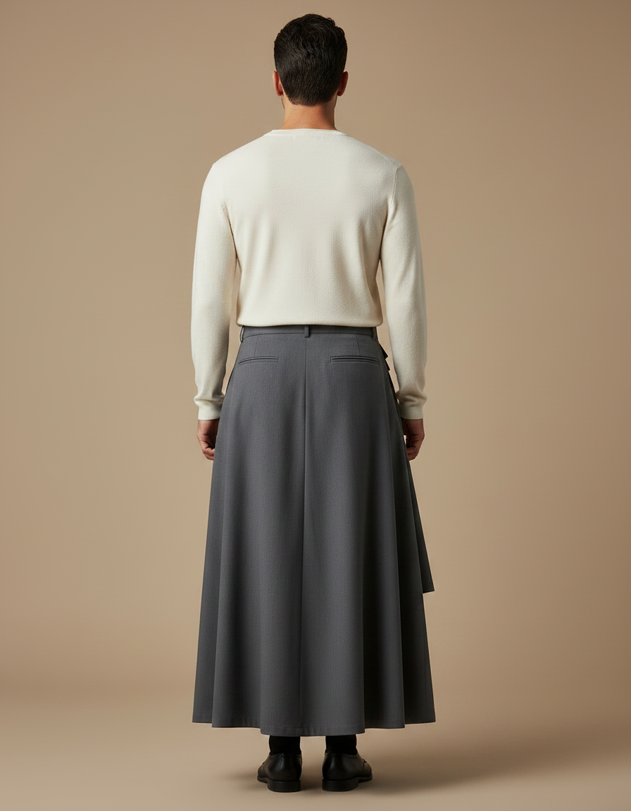 Pantalon Jupe Gris Plissé Asymétrique Long Élégant - Gabardine - vue 2