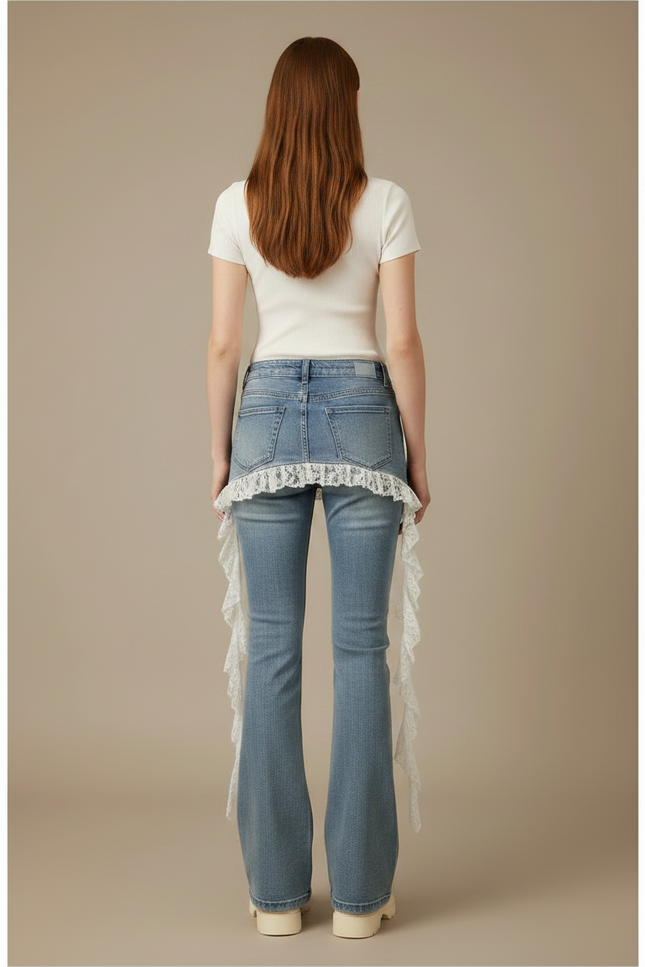 Pantalon Jupe Jean Bleu Évasé Dentelle Superposée Décontracté - vue 2