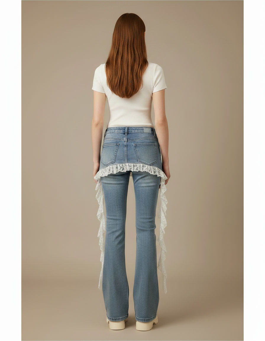Pantalon Jupe Jean Bleu Évasé Dentelle Superposée Décontracté - vue 2