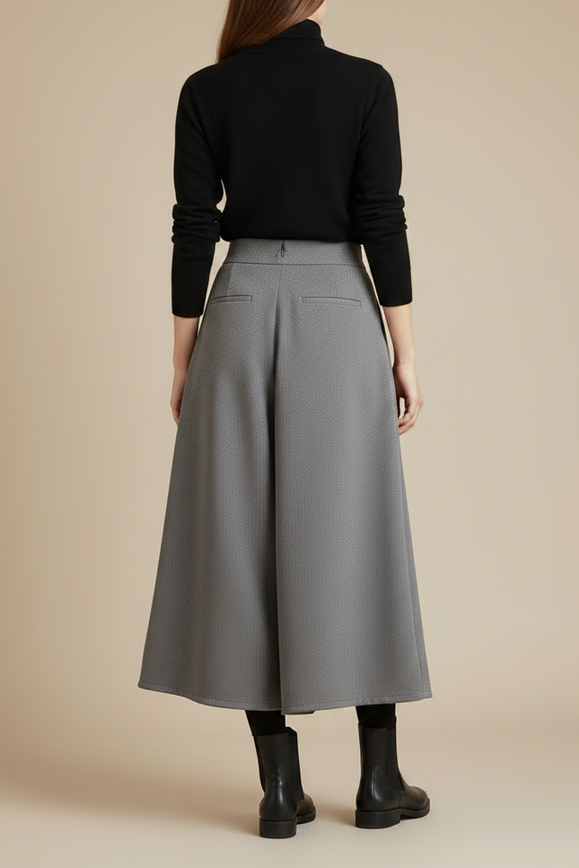 Pantalon Jupe Gris Laine Ample Plissé Élégant - vue 2