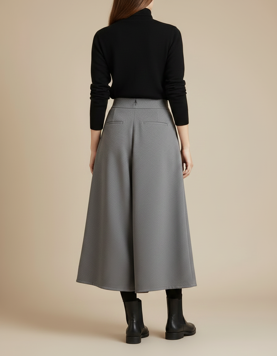 Pantalon Jupe Gris Laine Ample Plissé Élégant - vue 2