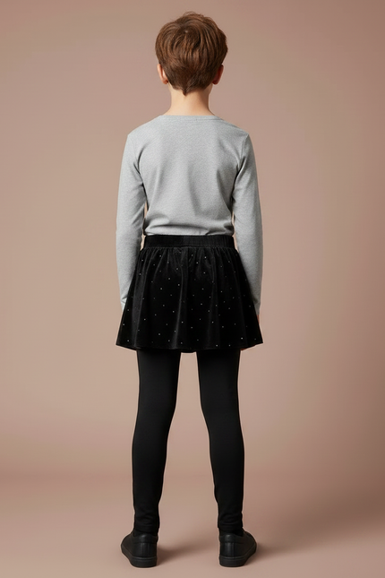 Pantalon Jupe Noir Velours Étoiles Fille - Maille - vue 2