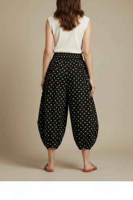 Pantalon Jupe Noir Polka Points Ample Coton - vue 2