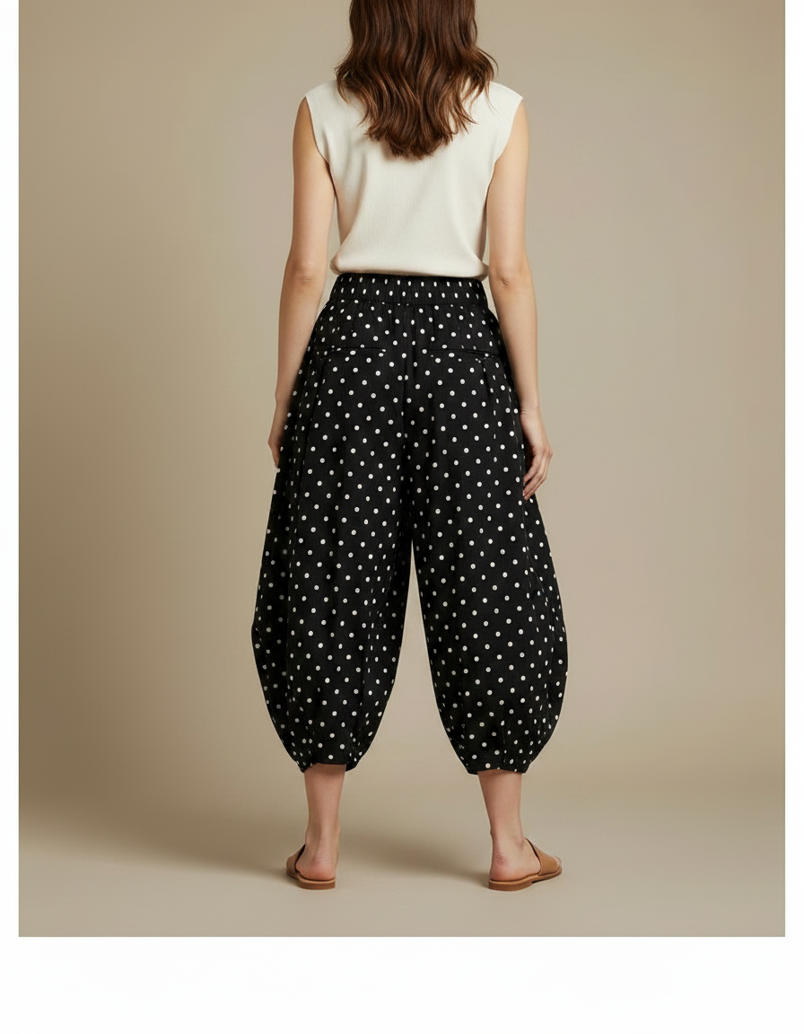 Pantalon Jupe Noir Polka Points Ample Coton - vue 2
