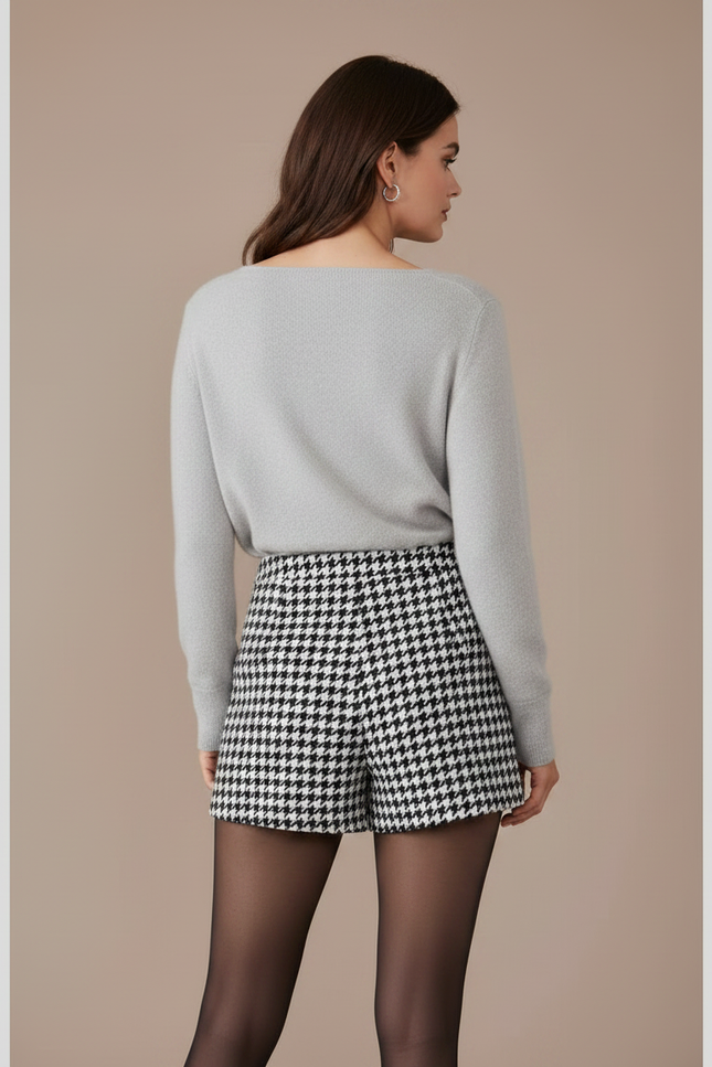 Pantalon Jupe Pied-de-poule Évasé Court Chic Élégant - Imprimé Tweed - vue 2