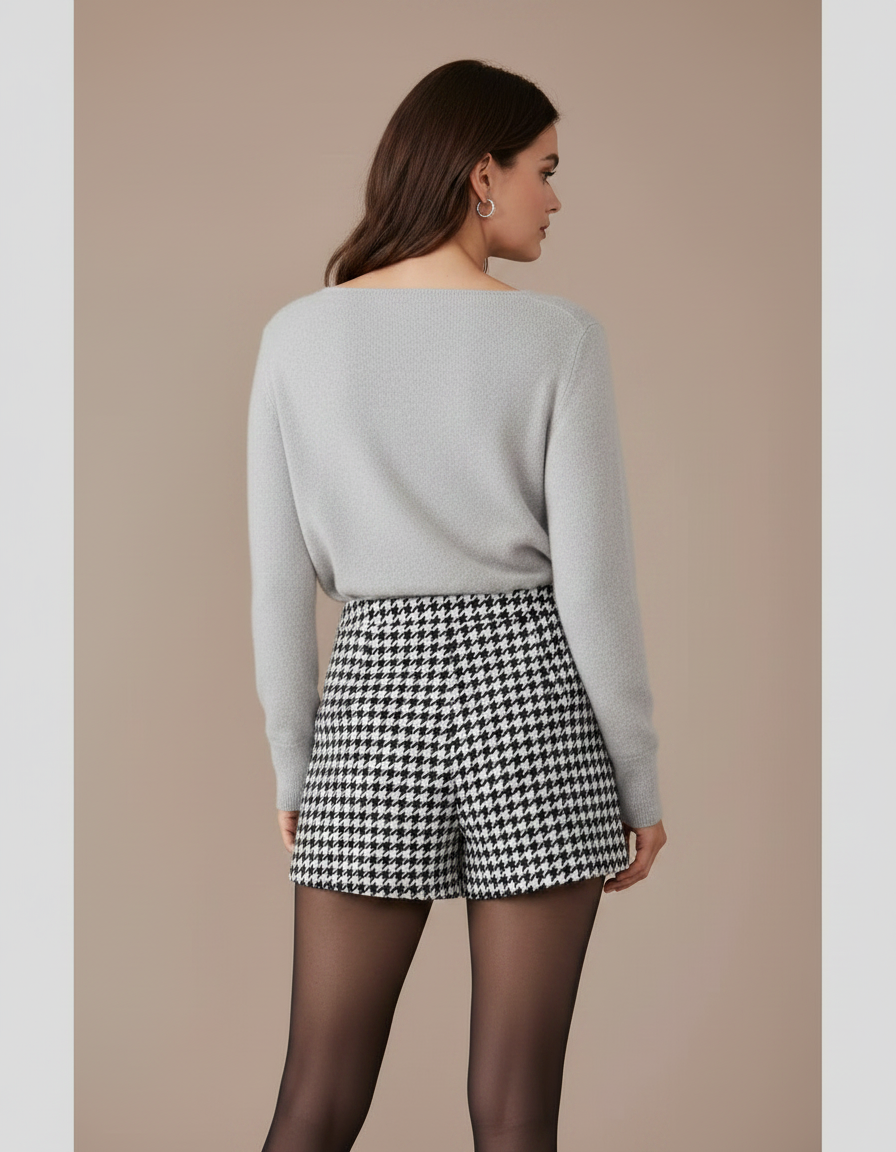 Pantalon Jupe Pied-de-poule Évasé Court Chic Élégant - Imprimé Tweed - vue 2