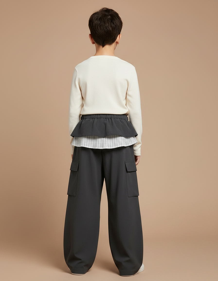 Pantalon Jupe Cargo Gris Ample Superposé Enfant - Polyester - vue 2