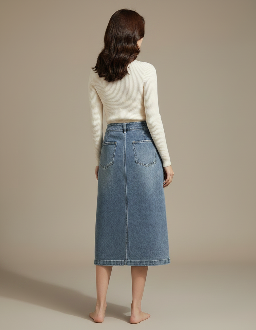 Pantalon Jupe Jean Bleu Longue Boutons Décontractée - vue 2