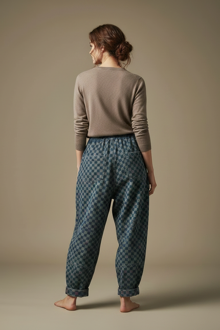 Pantalon Jupe Denim Ample Carreaux Vintage Décontracté - Bleu Jean - vue 2
