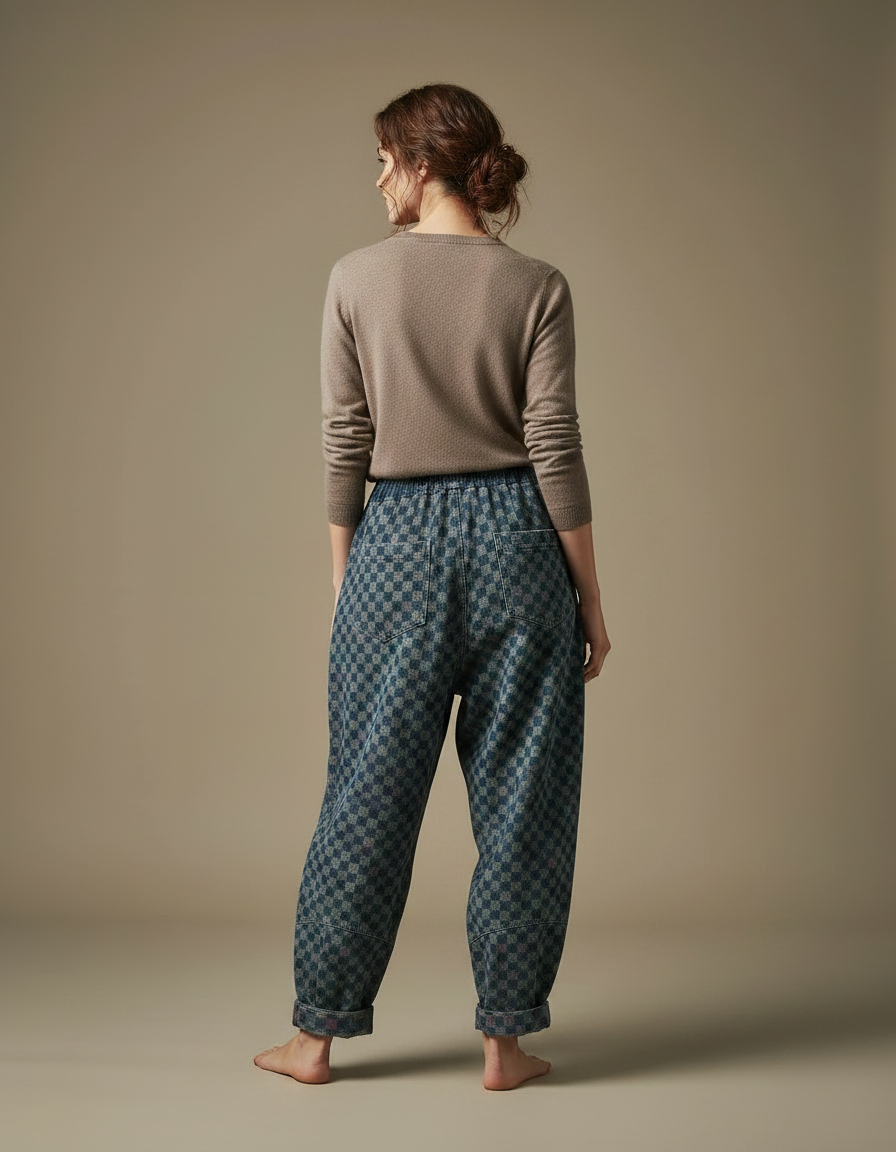 Pantalon Jupe Denim Ample Carreaux Vintage Décontracté - Bleu Jean - vue 2