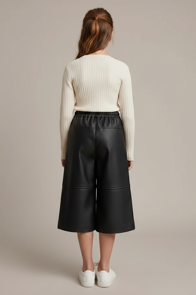 Pantalon Jupe Noir Cuir Ample Élastique Fille - Simili cuir - vue 2