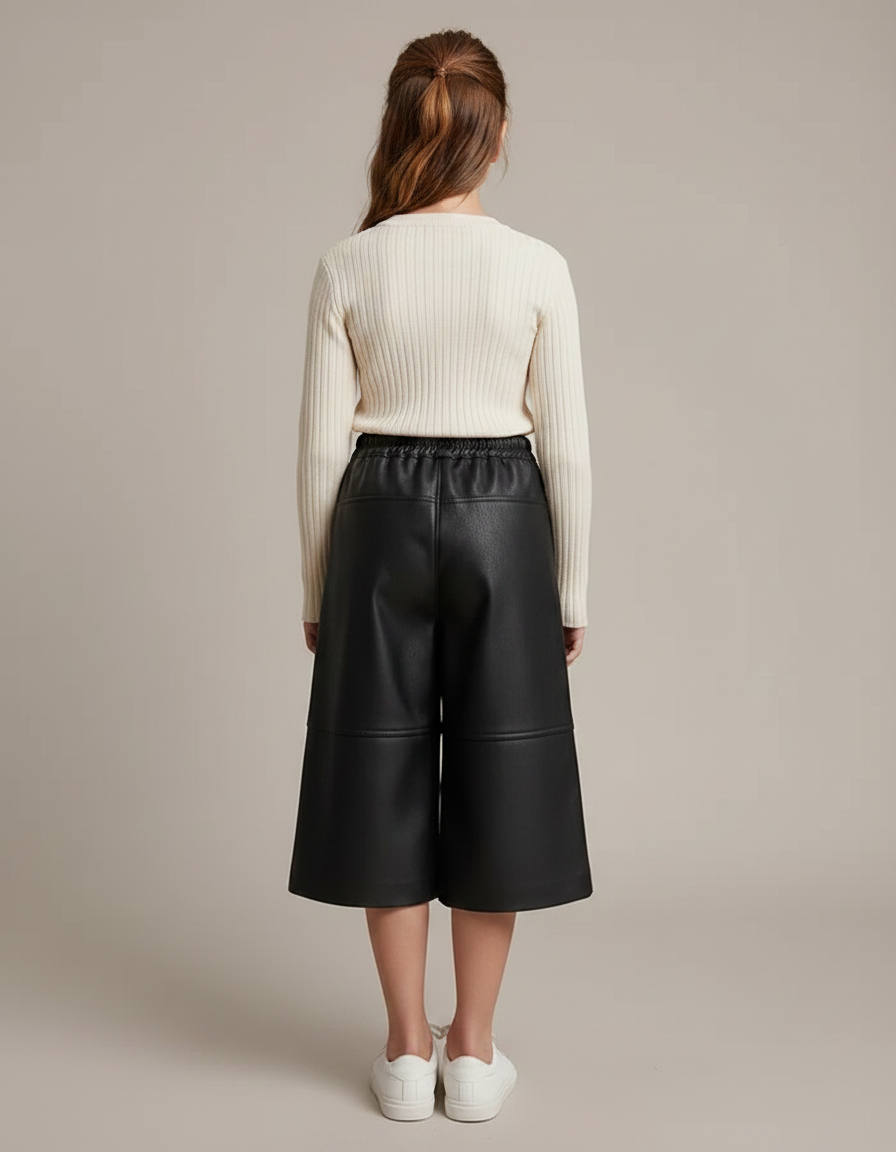 Pantalon Jupe Noir Cuir Ample Élastique Fille - Simili cuir - vue 2