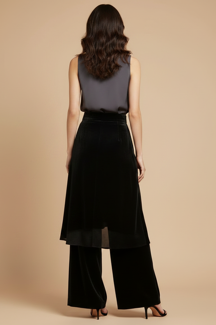Pantalon Jupe Noir Velours Superposé Élégant Femme - vue 2