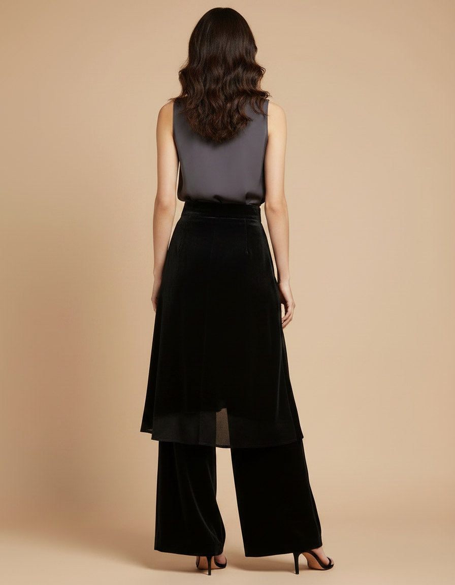 Pantalon Jupe Noir Velours Superposé Élégant Femme - vue 2