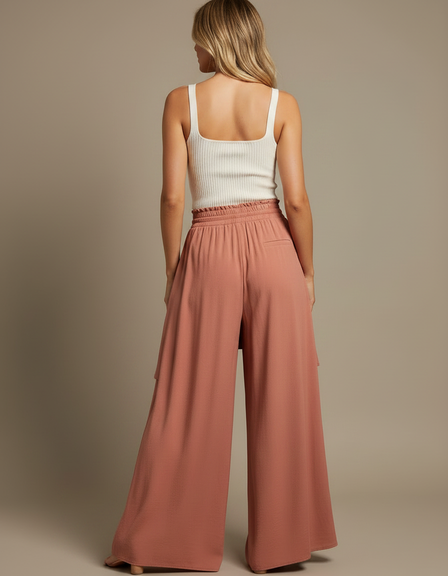 Pantalon Jupe Terracotta Ample Fluide Superposé Élégant - Marron Viscose - vue 2