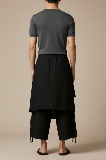 Pantalon Jupe Noir Ample Lin Coton Irrégulier - vue 2