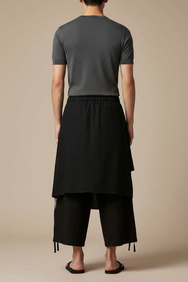 Pantalon Jupe Noir Ample Lin Coton Irrégulier - vue 2