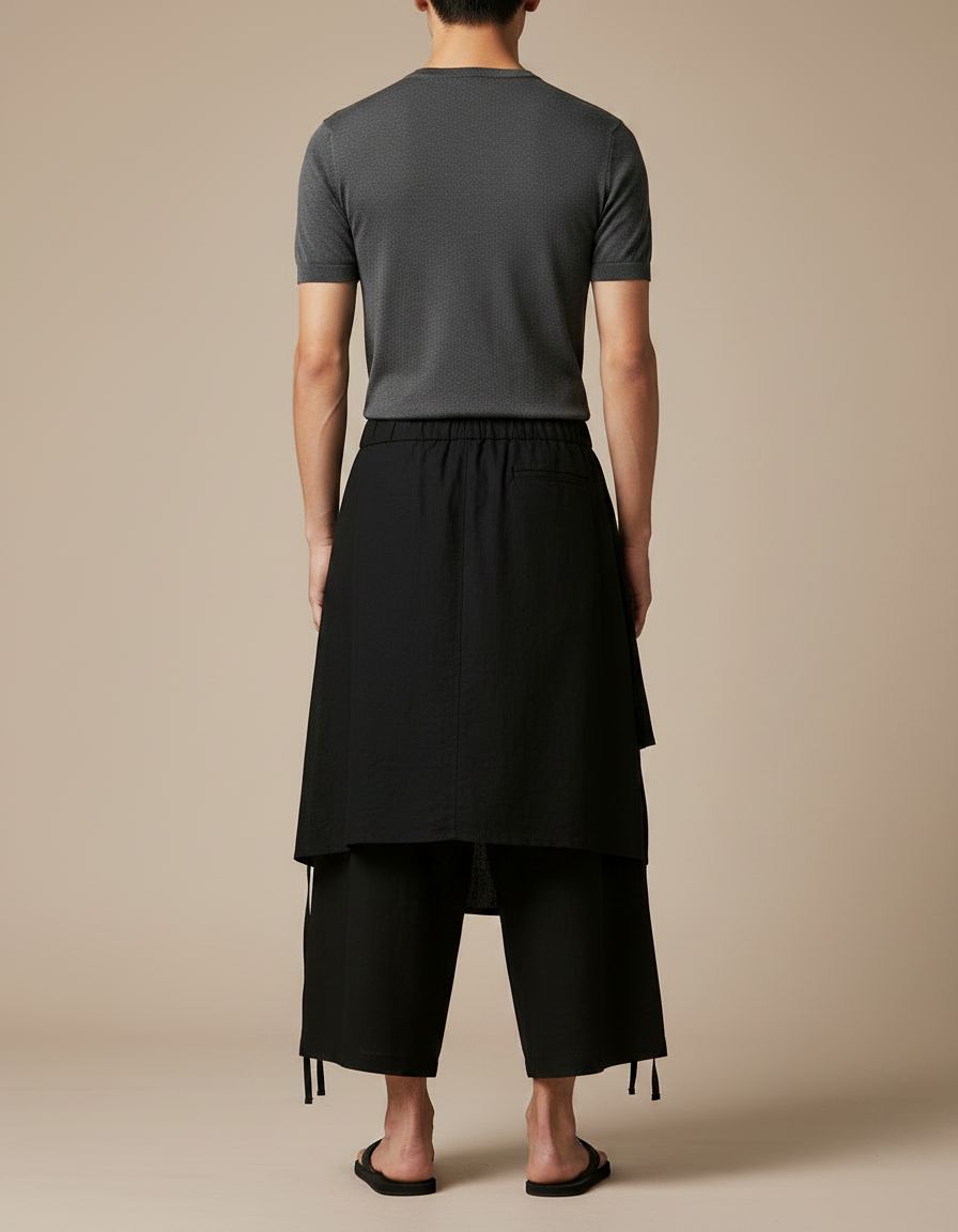 Pantalon Jupe Noir Ample Lin Coton Irrégulier - vue 2