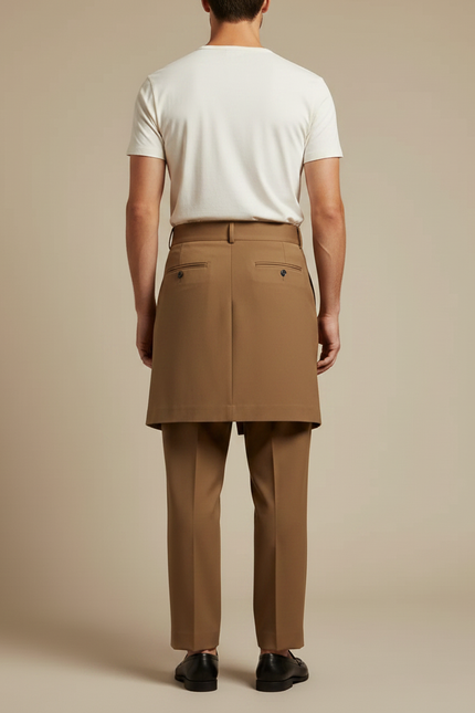 Pantalon Jupe Marron Plissé Élégant Homme Chic - Gabardine - vue 2
