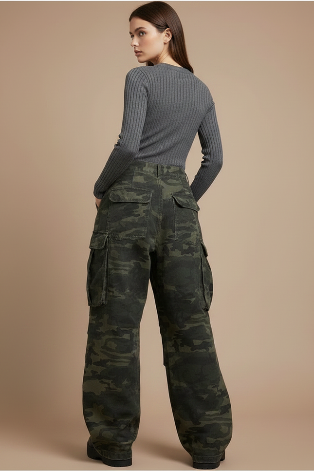 Pantalon Jupe Camouflage Vert Ample Cargo Décontracté - Toile - vue 2