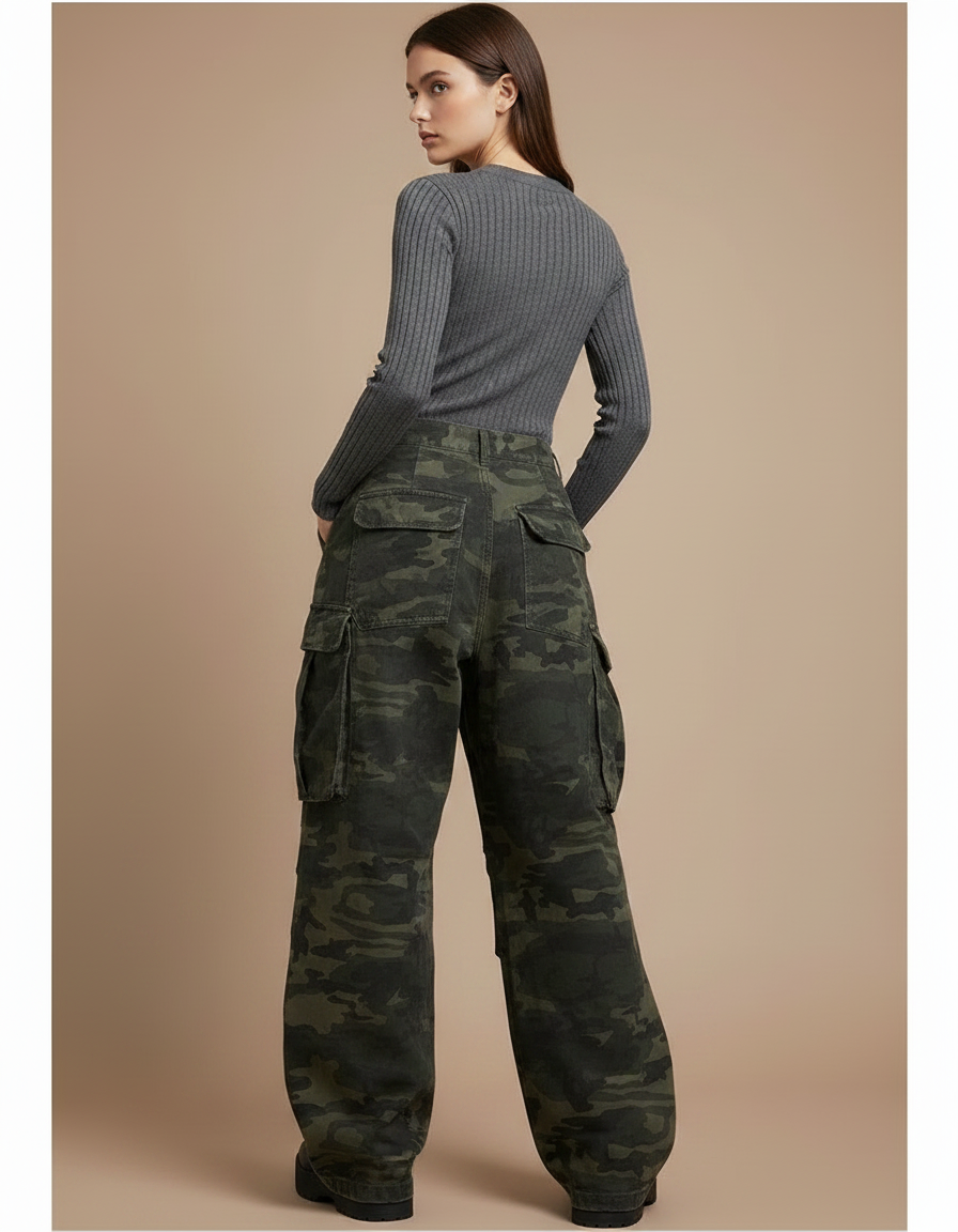 Pantalon Jupe Camouflage Vert Ample Cargo Décontracté - Toile - vue 2