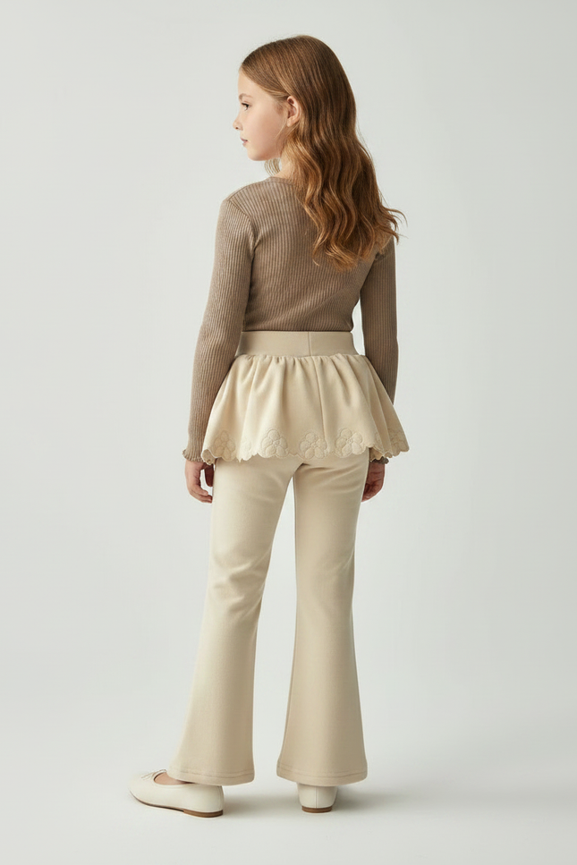 Pantalon Jupe Évasé Crème Fleurs Brodé Fille - Beige Molleton - vue 2