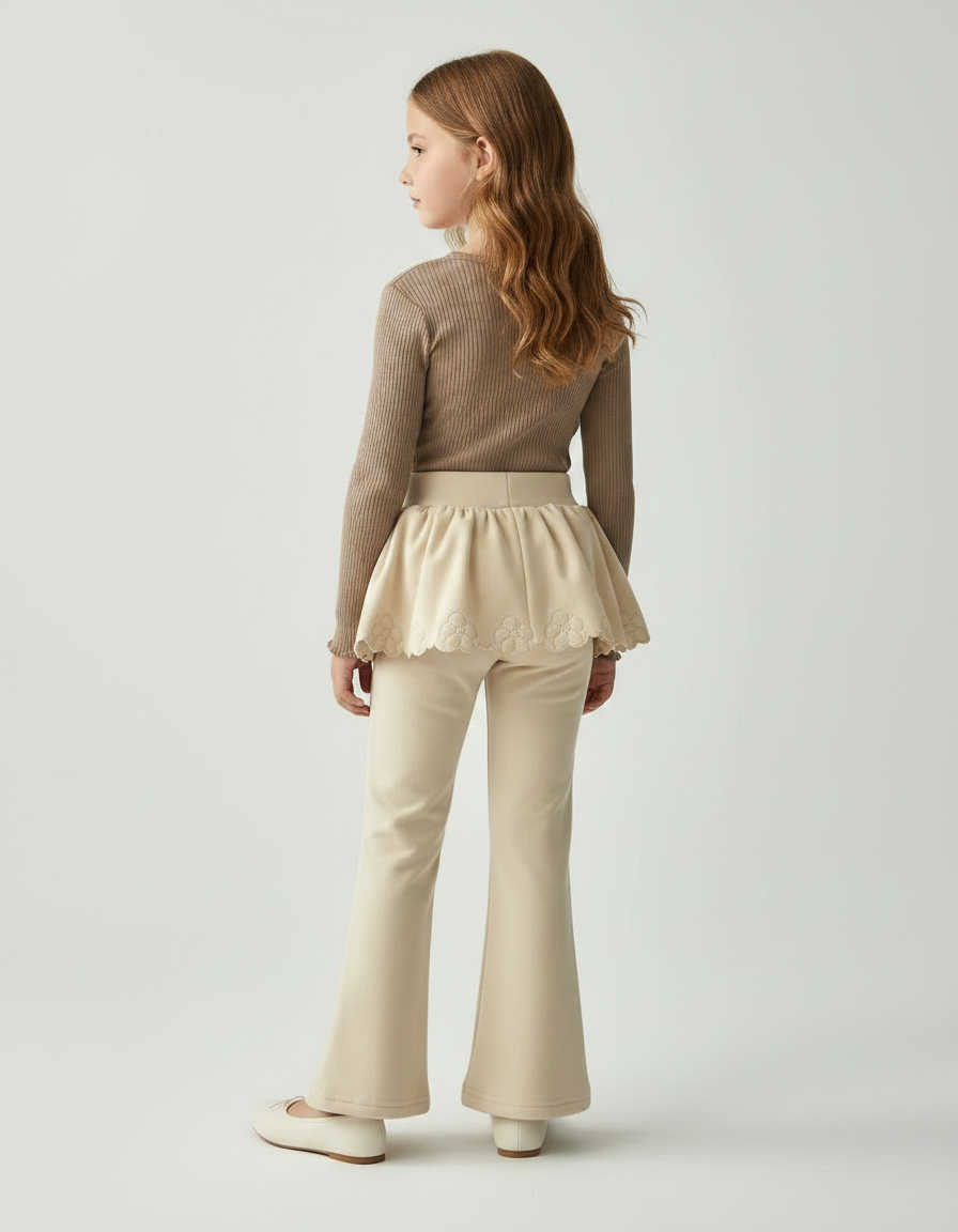 Pantalon Jupe Évasé Crème Fleurs Brodé Fille - Beige Molleton - vue 2