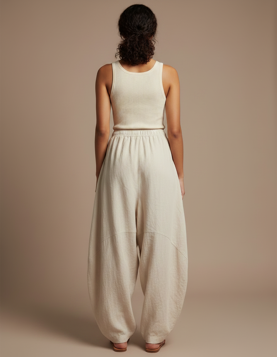 Pantalon Jupe Beige Lin Ample Confortable Élastique - vue 2