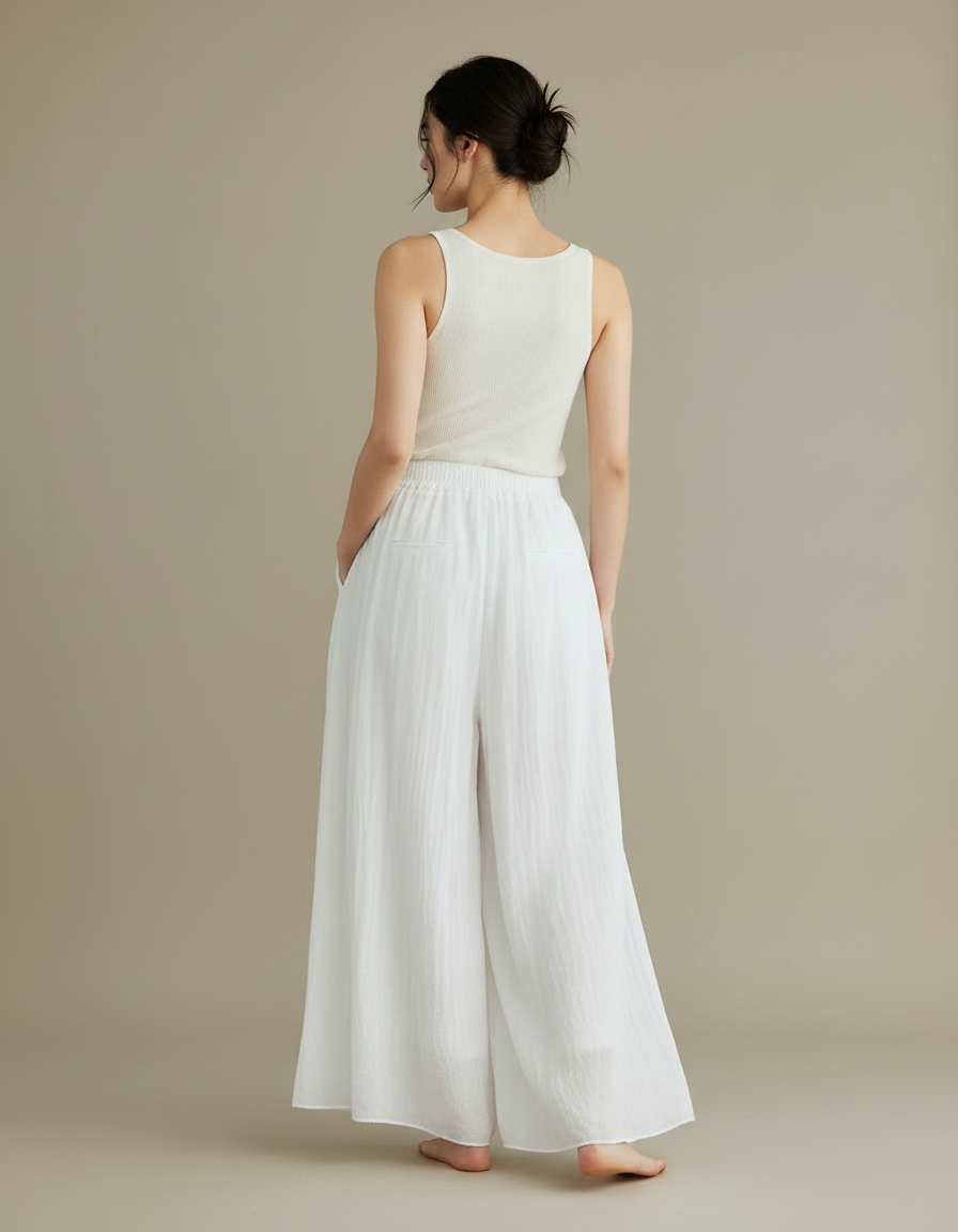 Pantalon Jupe Ample Blanc Coton Lin Fluide - vue 2