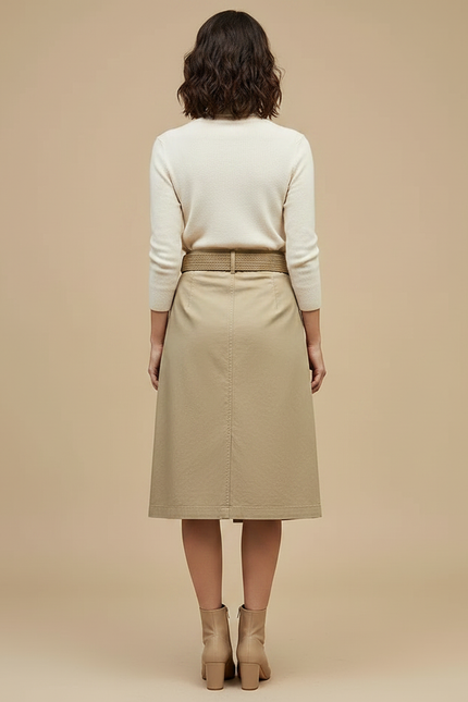 Pantalon Jupe Coton Beige Boutonné Ceinturé Élégant - vue 2