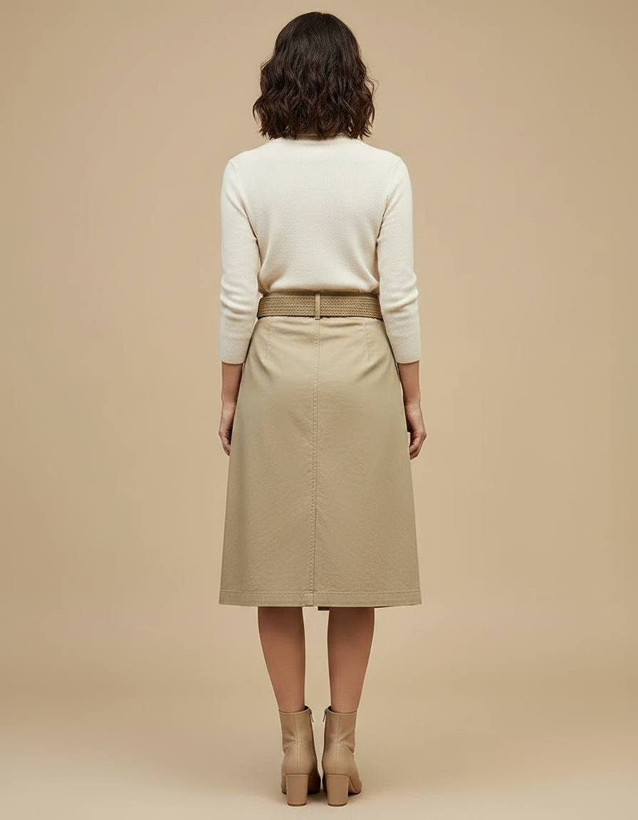 Pantalon Jupe Coton Beige Boutonné Ceinturé Élégant - vue 2