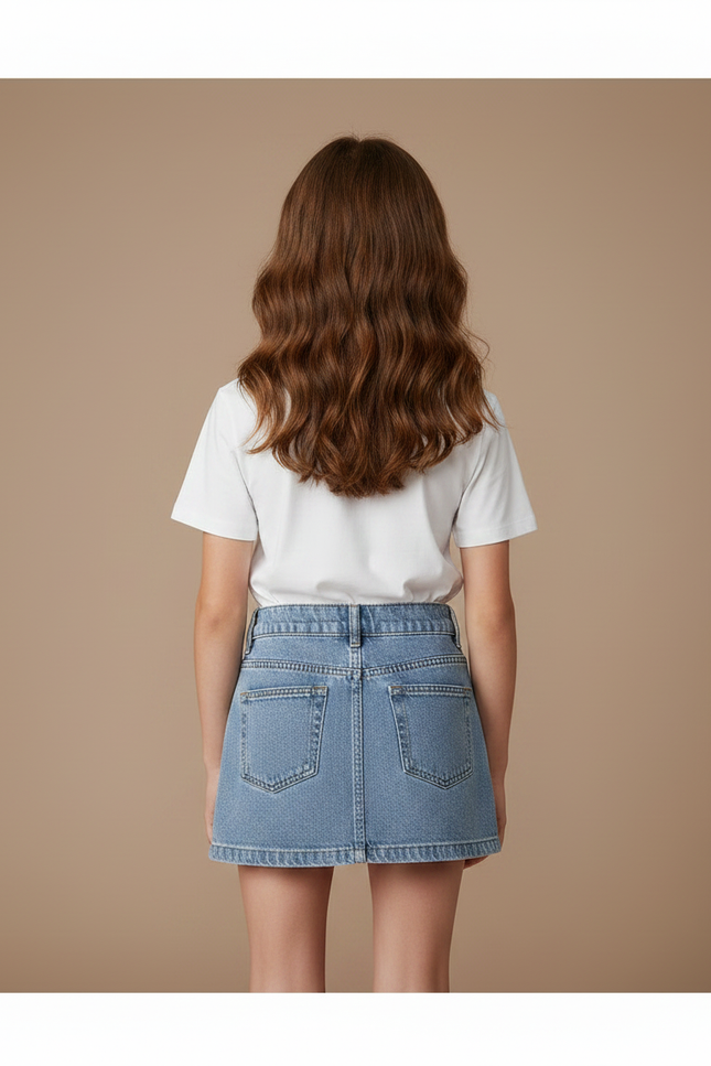 Pantalon Jupe Denim Bleu Superposé Bouton Enfant - Jean - vue 2