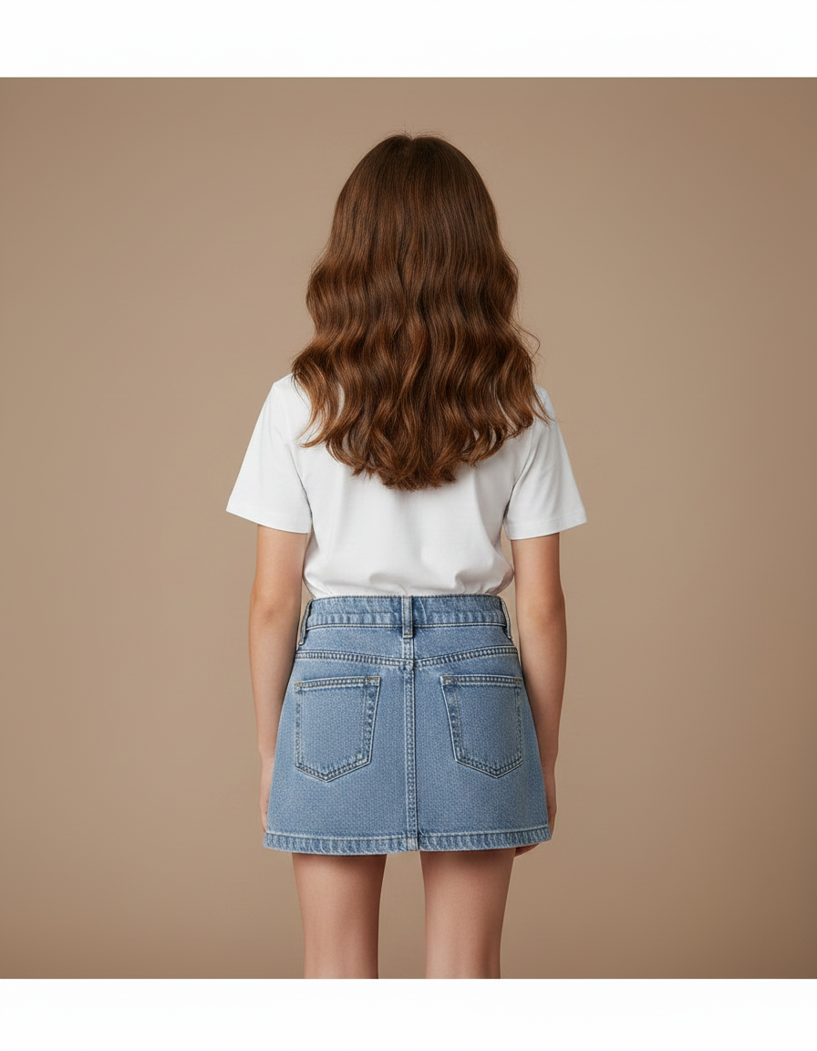 Pantalon Jupe Denim Bleu Superposé Bouton Enfant - Jean - vue 2