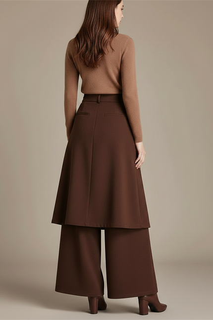 Pantalon Jupe Marron Plissé Ample Superposé Élégant - Gabardine - vue 2