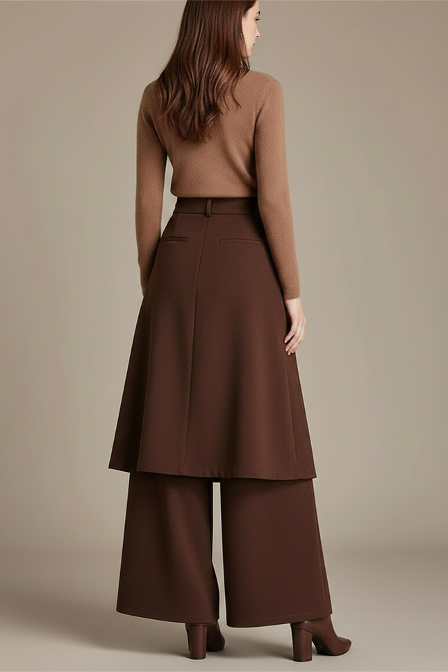 Pantalon Jupe Marron Plissé Ample Superposé Élégant - Gabardine - vue 2