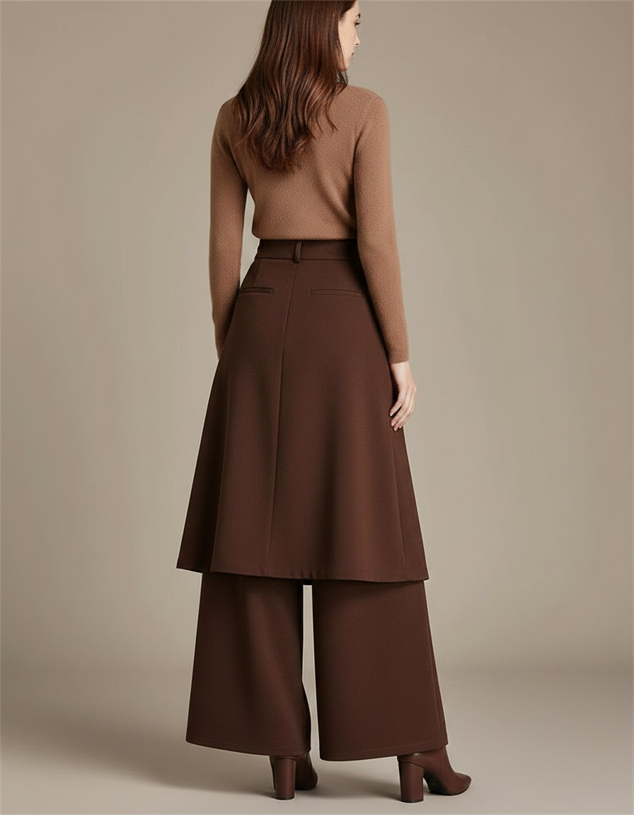 Pantalon Jupe Marron Plissé Ample Superposé Élégant - Gabardine - vue 2