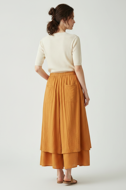 Pantalon Jupe Orange Lin Ample Superposé Plissé Femme - vue 2