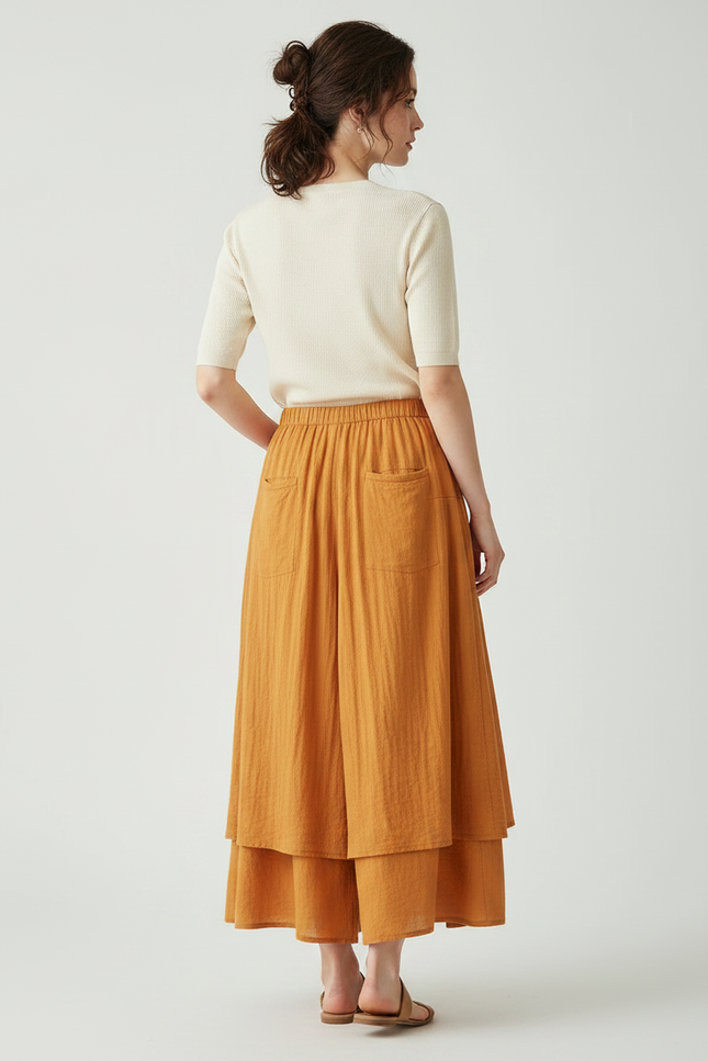 Pantalon Jupe Orange Lin Ample Superposé Plissé Femme - vue 2